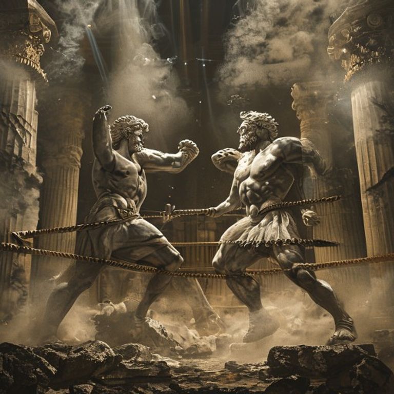 Colossal Tussle collection artwork — stone Greek gods battling